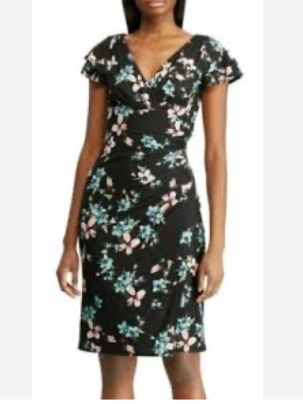 NWT size 14 Ralph Lauren Black Floral Ruched Stretch Jersey Dress faux wrap